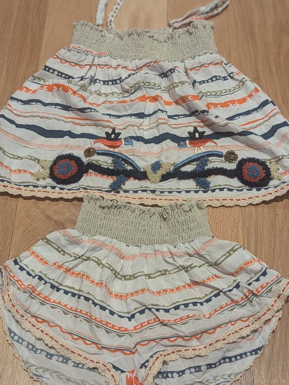 Skemo Girls' Striped Embroidered Two-Piece Dress Set - White with Navy & Orange